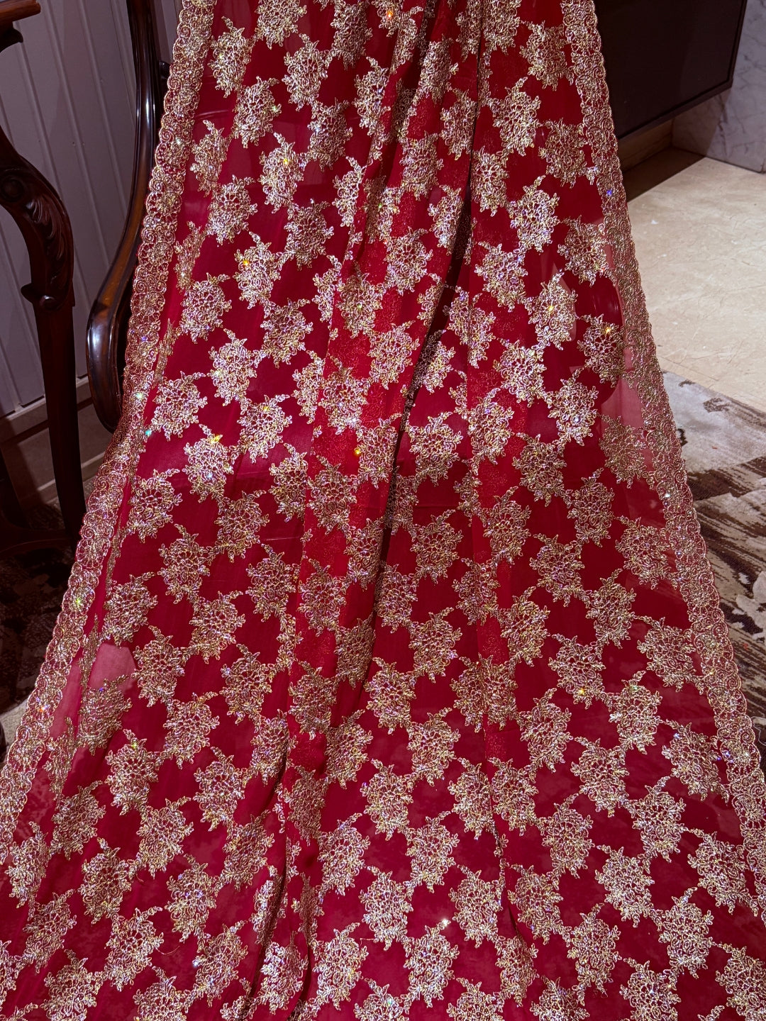 Red Net Saree with Dense Gold Floral Zari, Sequin & Bead Embroidery, Scallop Border