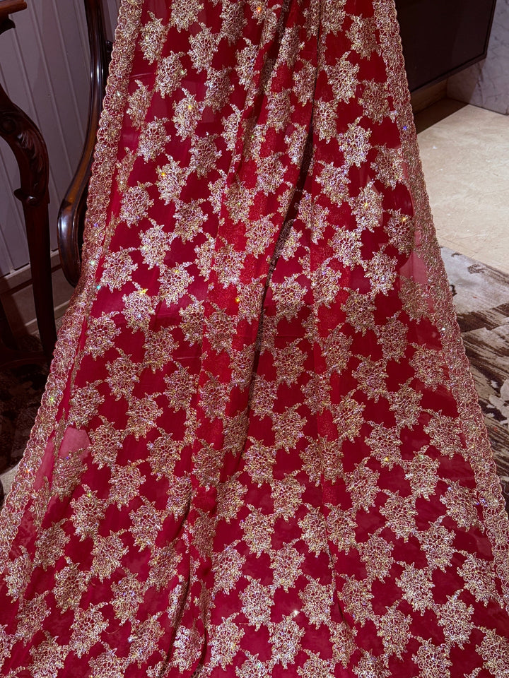 Red Net Saree with Dense Gold Floral Zari, Sequin & Bead Embroidery, Scallop Border
