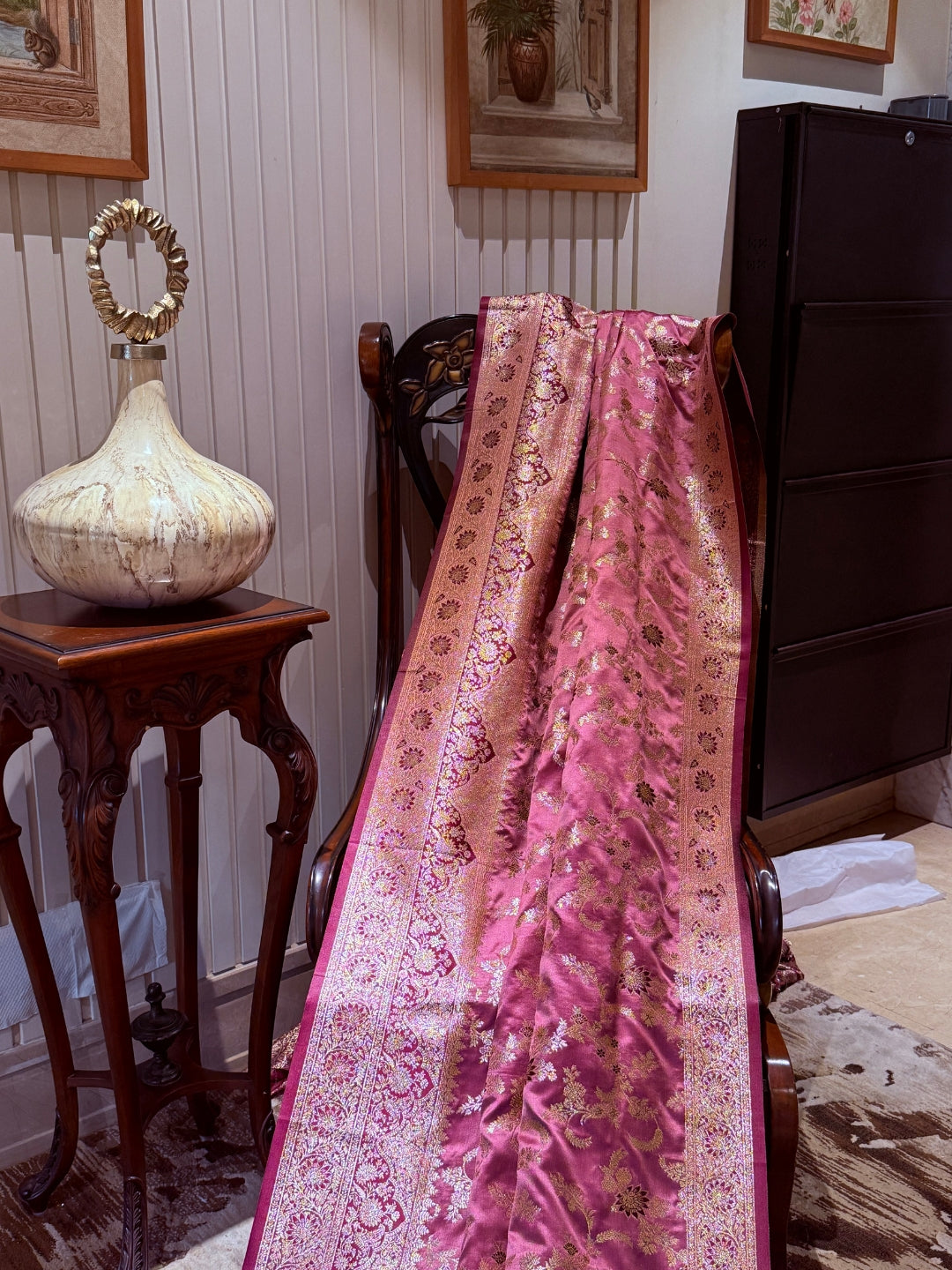 Banarasi Art Silk Saree with Gold Zari Floral Jaal & Dual Pattern Brocade Border