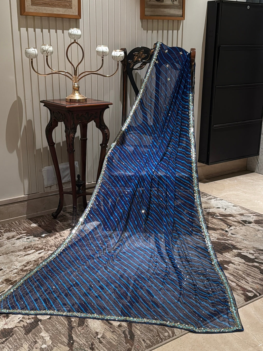 Navy Blue Saree with Turquoise Stripes, Silver Sequins & All-Over Mirror Work Border