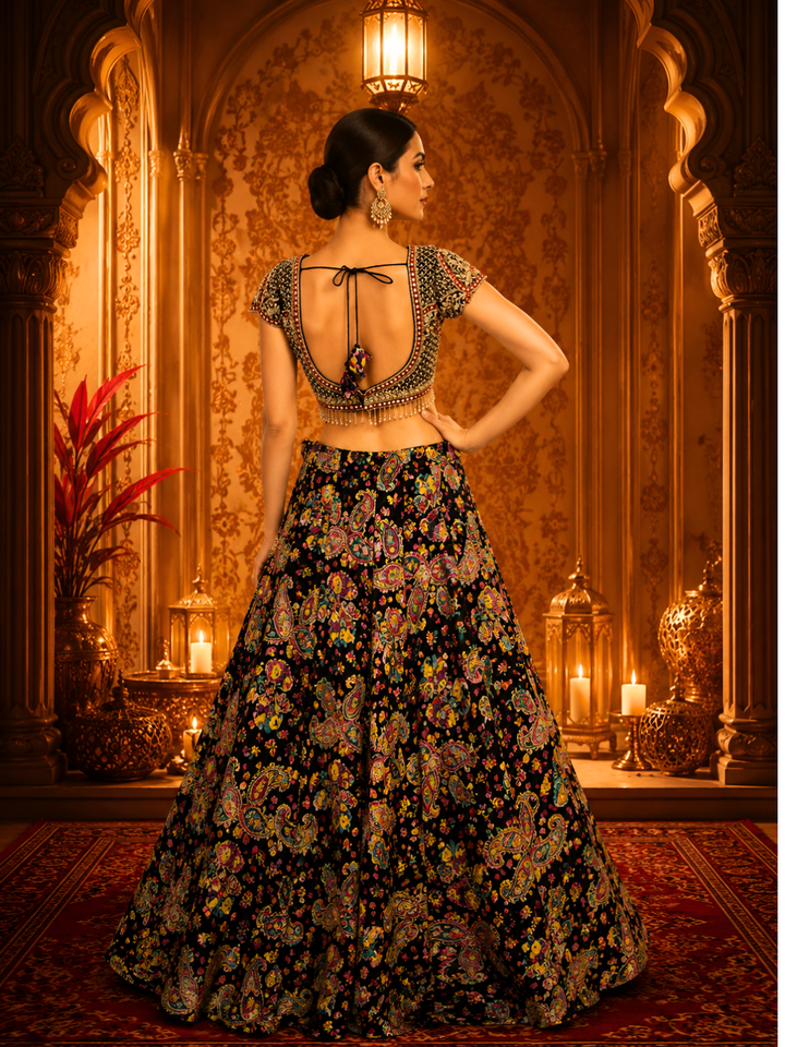 Black Silk Lehenga Choli with Multicolour Resham Paisley & Floral Print, Zari & Pearl Embroidered Blouse with Black Dupatta