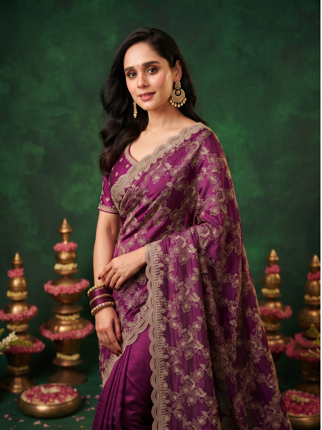 Silk Saree with Zari Floral Jaal Embroidery & Scalloped Cutwork Border