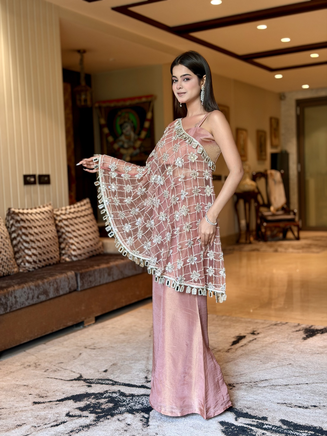 Dusty Rose Net One-Shoulder Dress with Pearl, Cutdana & Mirror Floral Jaal Embroidery with Square Mirror Tassel Border