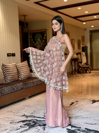 Dusty Rose Net One-Shoulder Dress with Pearl, Cutdana & Mirror Floral Jaal Embroidery with Square Mirror Tassel Border