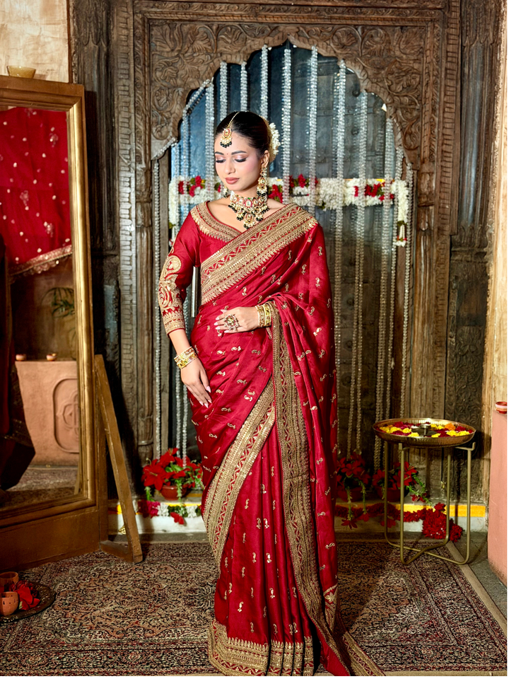 Zari Embroidered Silk Saree with Sequin Butti in Maroon Red
