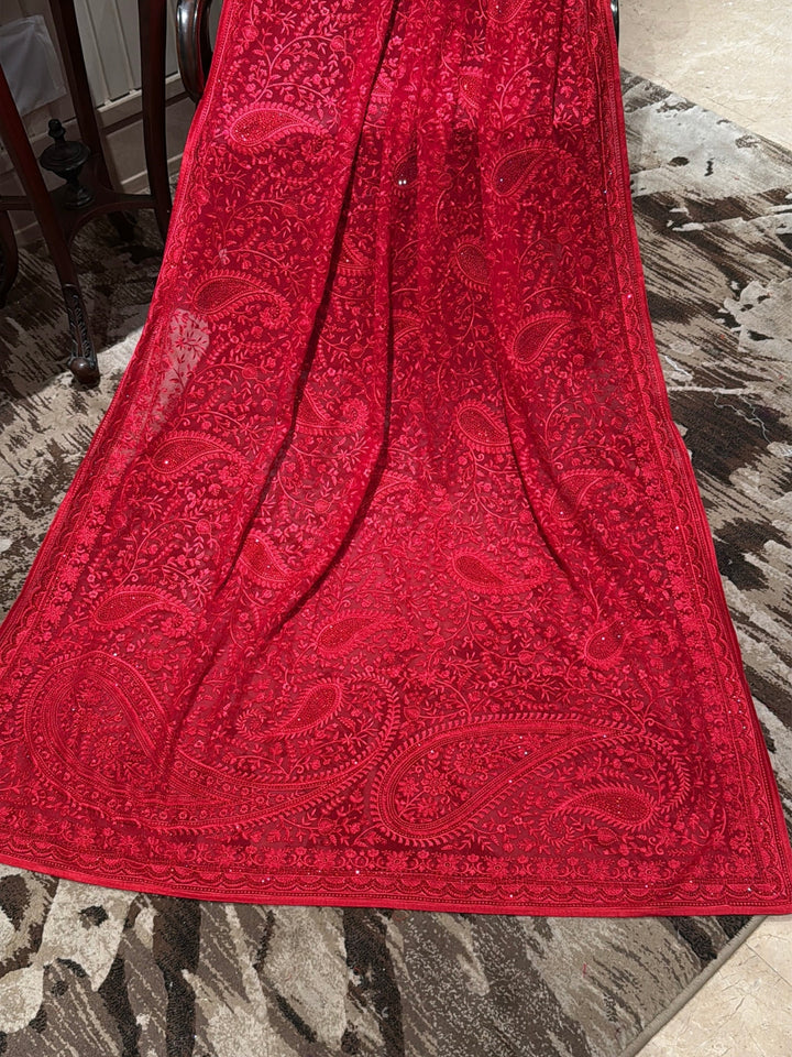Red Georgette Saree with Tonal Paisley & Floral Thread Embroidery