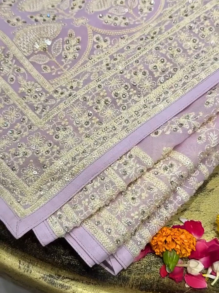Pastel Lavender Georgette Saree with Heavy Thread, Mirror, and Sequin Embroidery | Designer Party & Festive Wear Saree