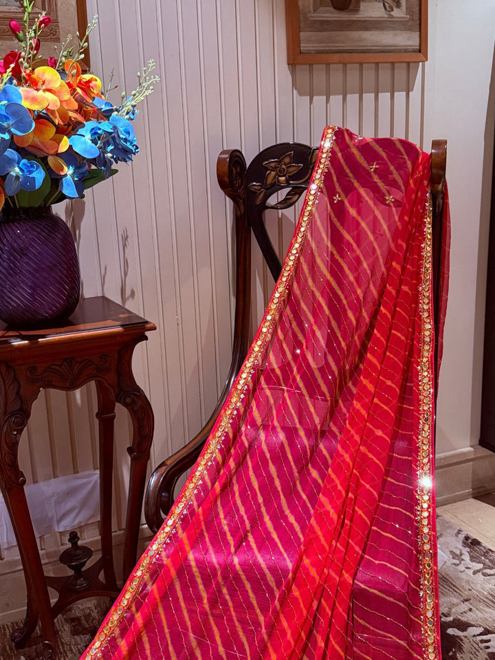 Bandhej Saree with Mirror Embroidery and Sequin Work Broad Decorative Border