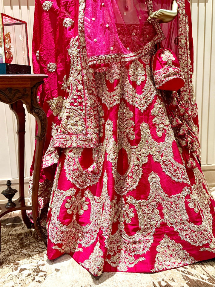 Bridal Lehenga Choli Set with Heavy Zardozi Embroidery, Dupatta, Latkans & Potli Bag