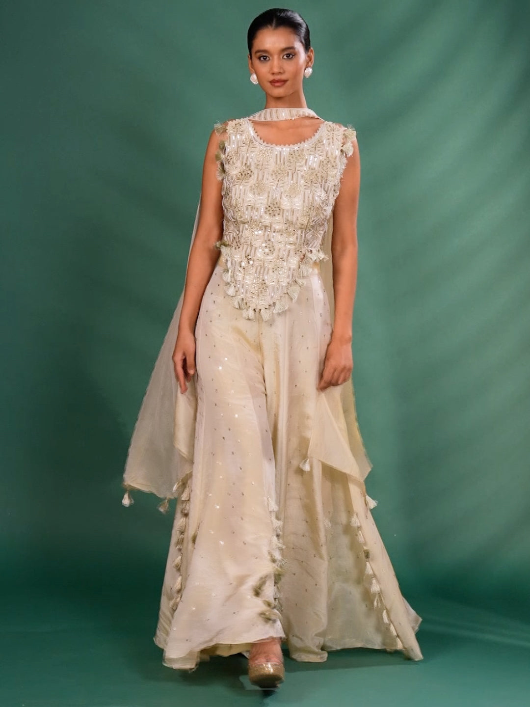 Mirror Work & Tasseled Peplum Kurta Set with Embellished Flared Palazzo and Dupatta