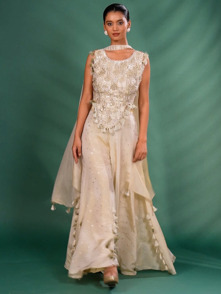 Mirror Work & Tasseled Peplum Kurta Set with Embellished Flared Palazzo and Dupatta