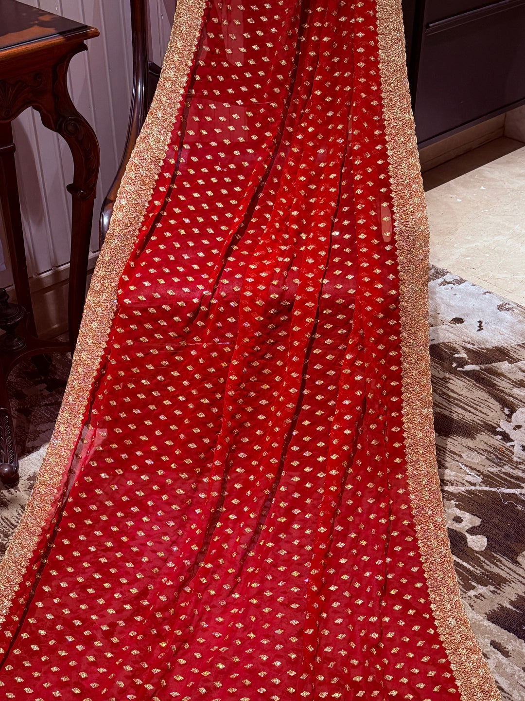 Georgette Saree with All-over Gold Butti Motifs & Grand Ornate Heavy Zari Border