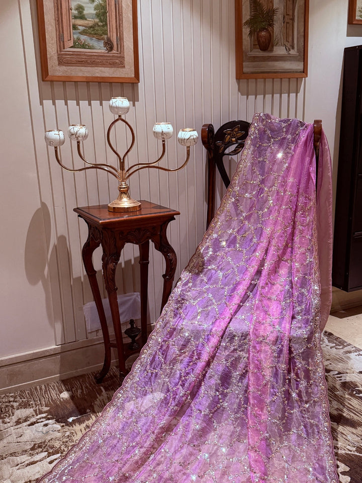 Pink Shimmer Net Saree with Sequin & Mirror Geometric Trellis and Scalloped Embroidered Border