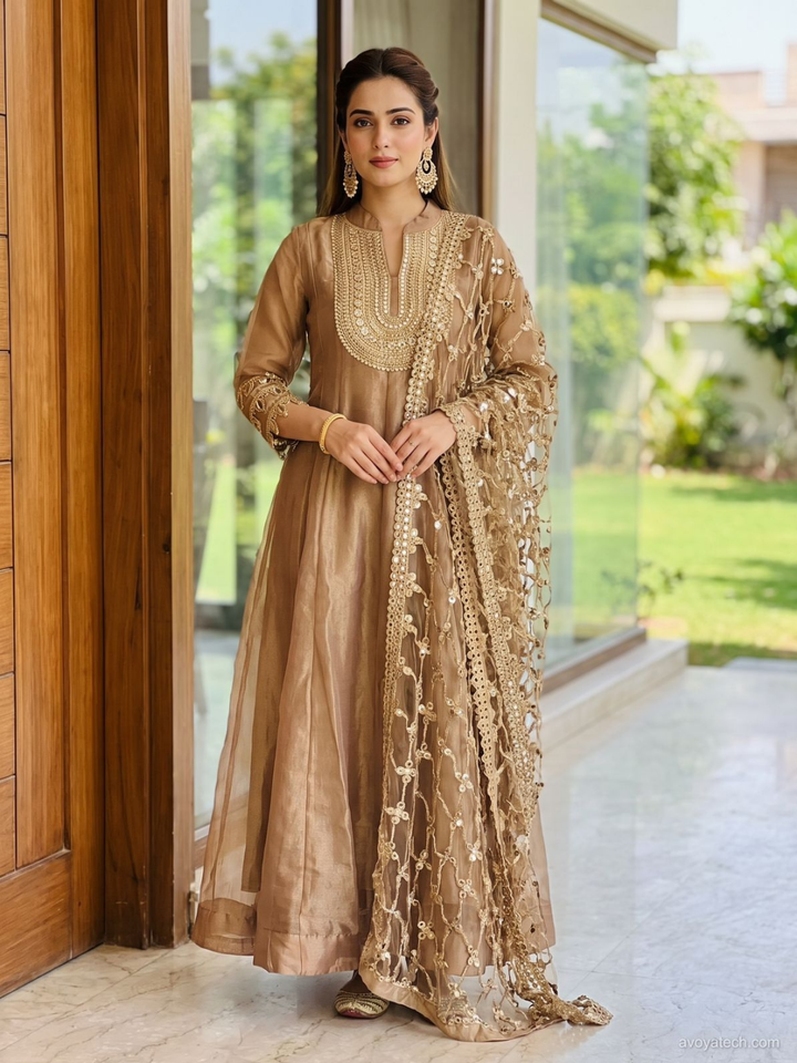 Mirror Embroidered Full Length Anarkali with Jaal Pattern Dupatta in Beige Gold