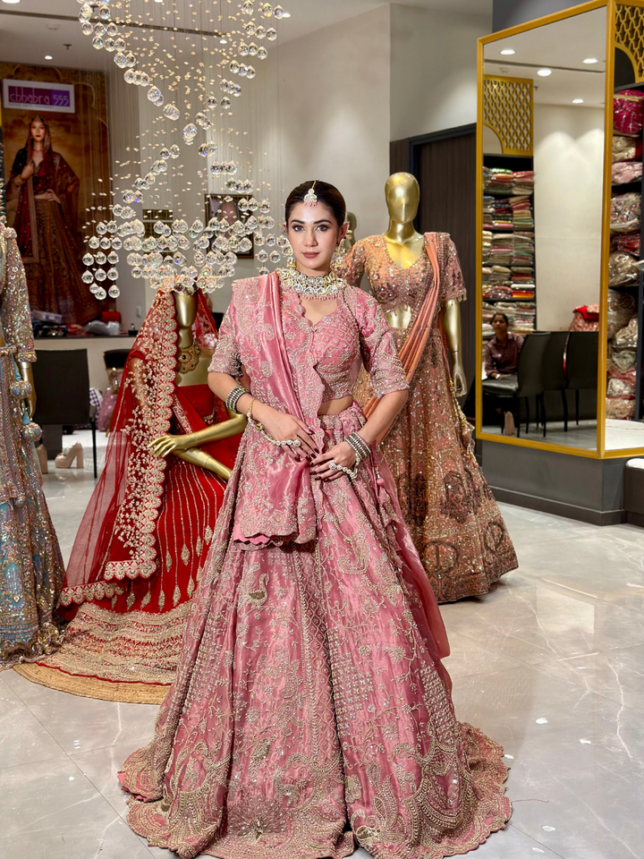 ilk Heavy Zari & Sequin Embroidered Paisley & Floral Jaal Lehenga Choli with Net Dupatta in Dusty Pink
