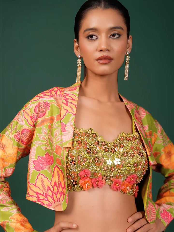 Mirror Embellished Floral Co-Ord Set with Printed Pant and Open Jacket