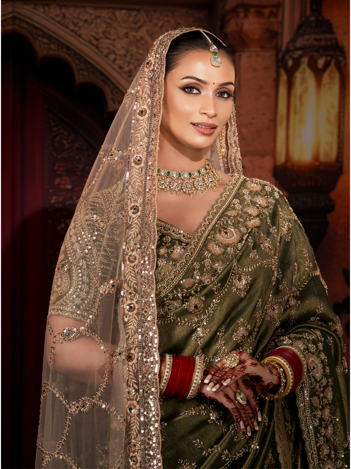 Satin Silk Heavy Zari & Sequin Embroidered Floral Saree