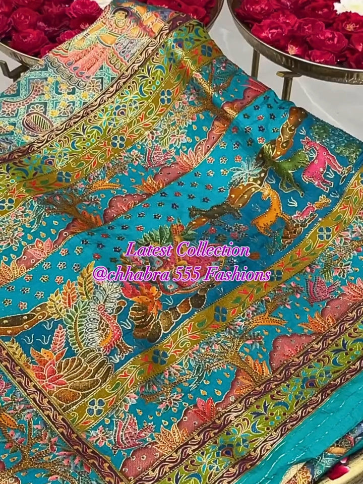 Teal Blue Banarasi Art Silk Saree with Multicolor Meenakari Work & Animal Motif