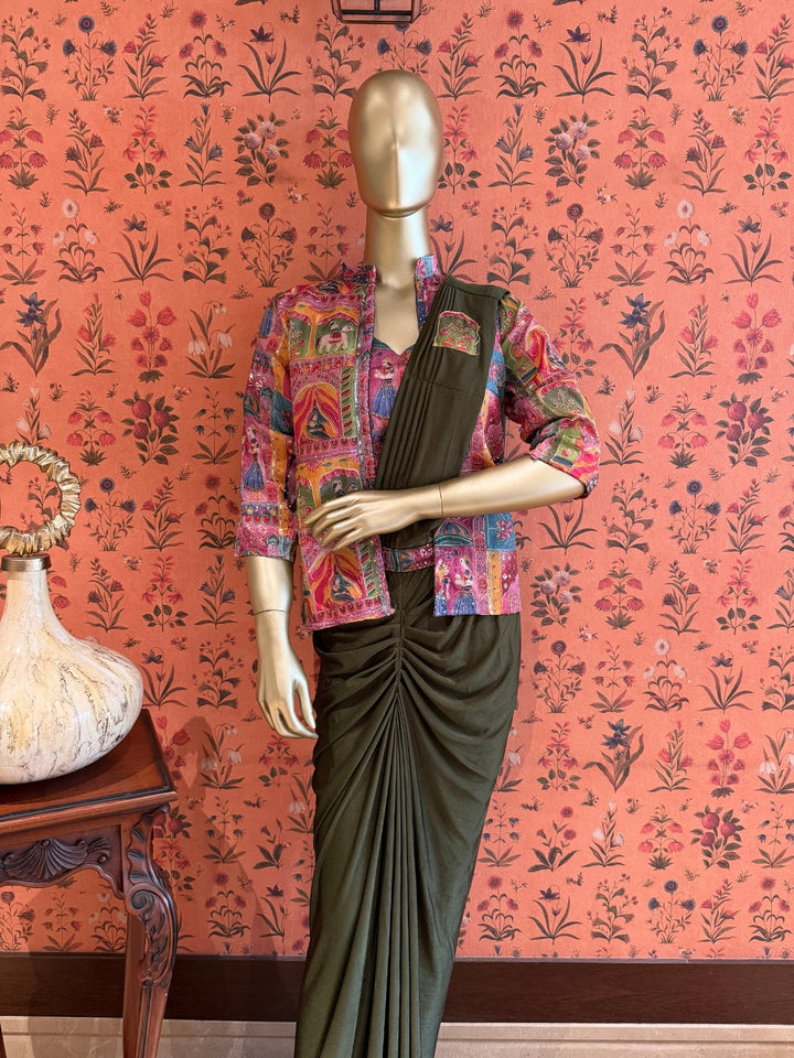 Olive Drape Saree with Multicolour Rajasthani Print Jacket, Pintucks and Gathered Pleats