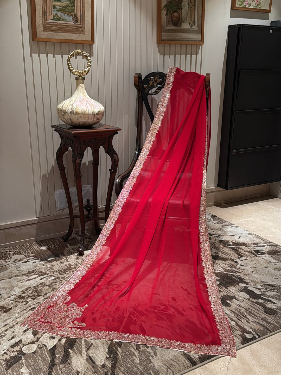 Pure Red Net Saree with Wide Gold Sequin Pearl Border & Ornate Zari Floral Embroidery