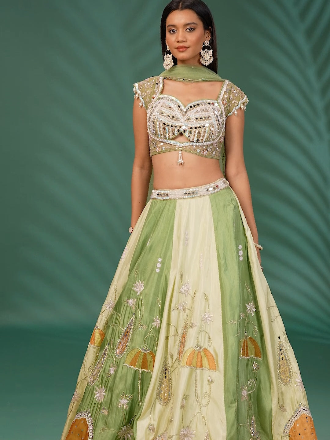 Silk Lehenga Choli Set with Mirror & Sequin Embroidery and Net Dupatta