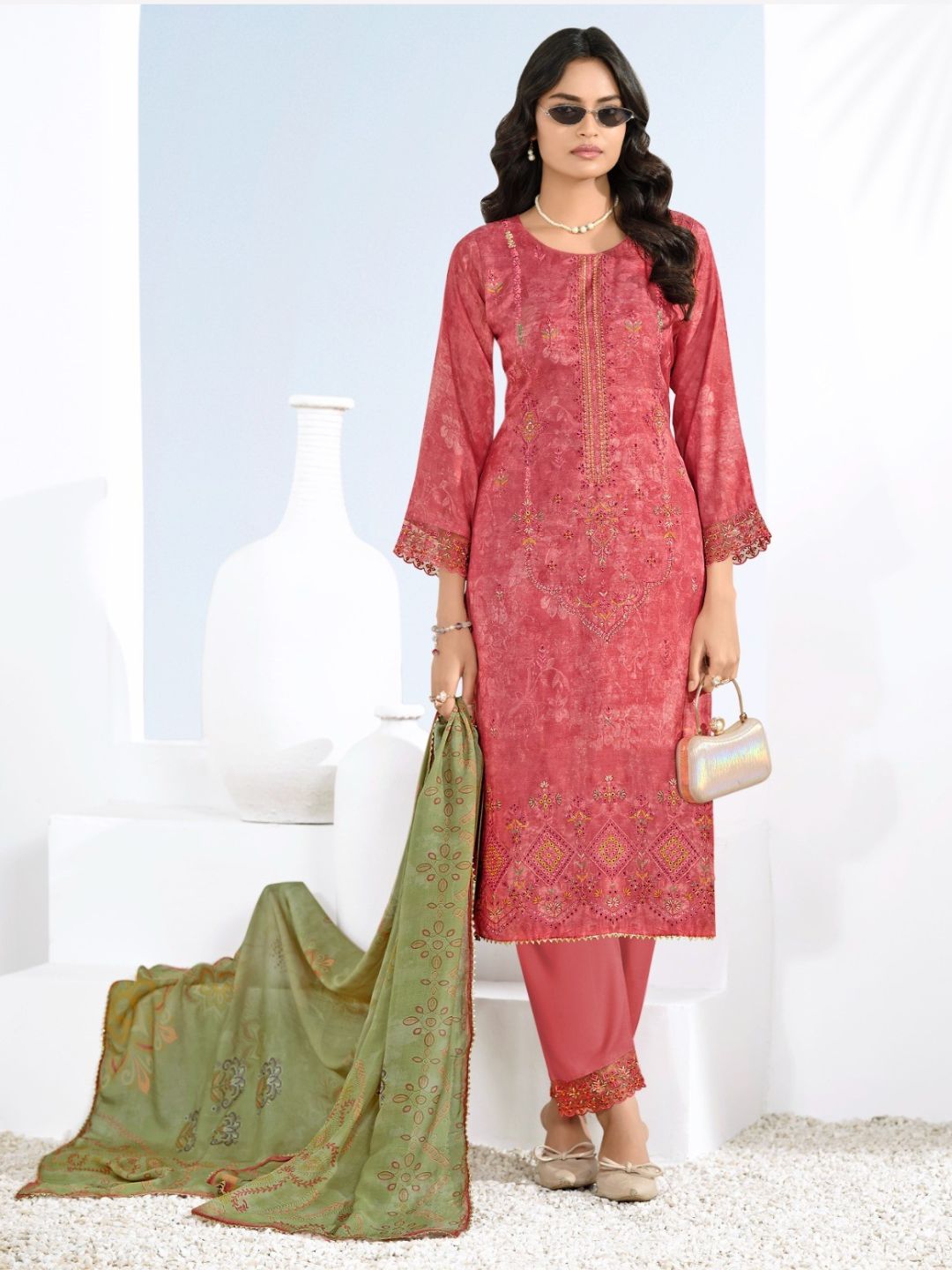 Cotton Printed & Embroidered Unstitched Suit Dupatta in Rose Pink & Sage Green