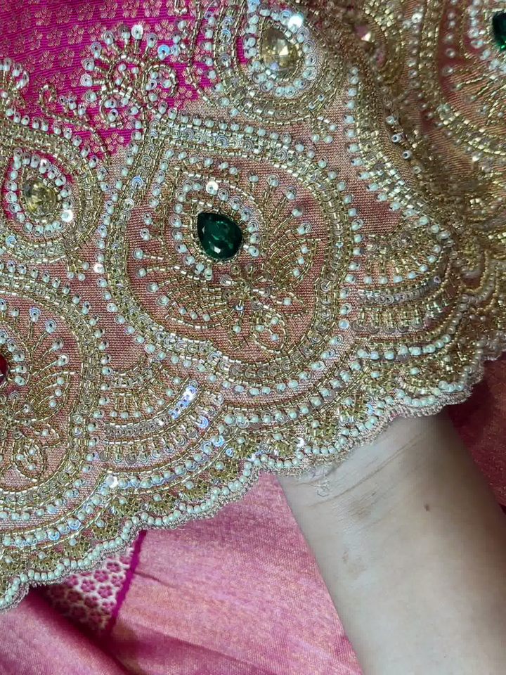 Heavy Saree with Pearl & Stone Embellished Stitched Blouse in Rani Pink