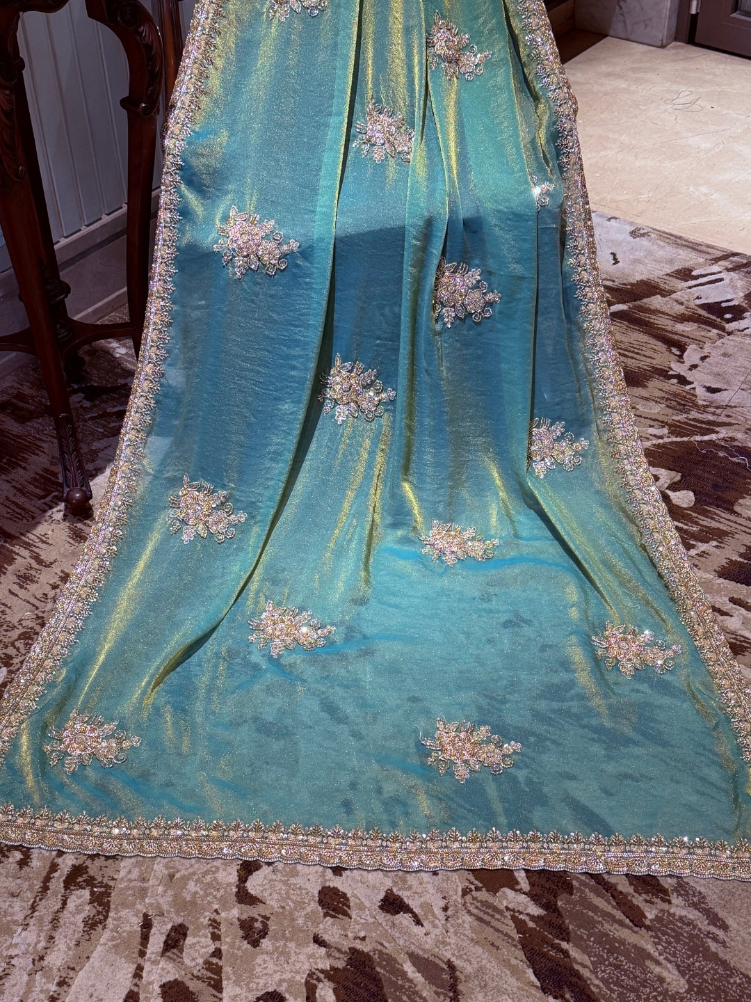 Embellished Art Silk Saree with Sequin Floral Motifs & Crystal Bead Border