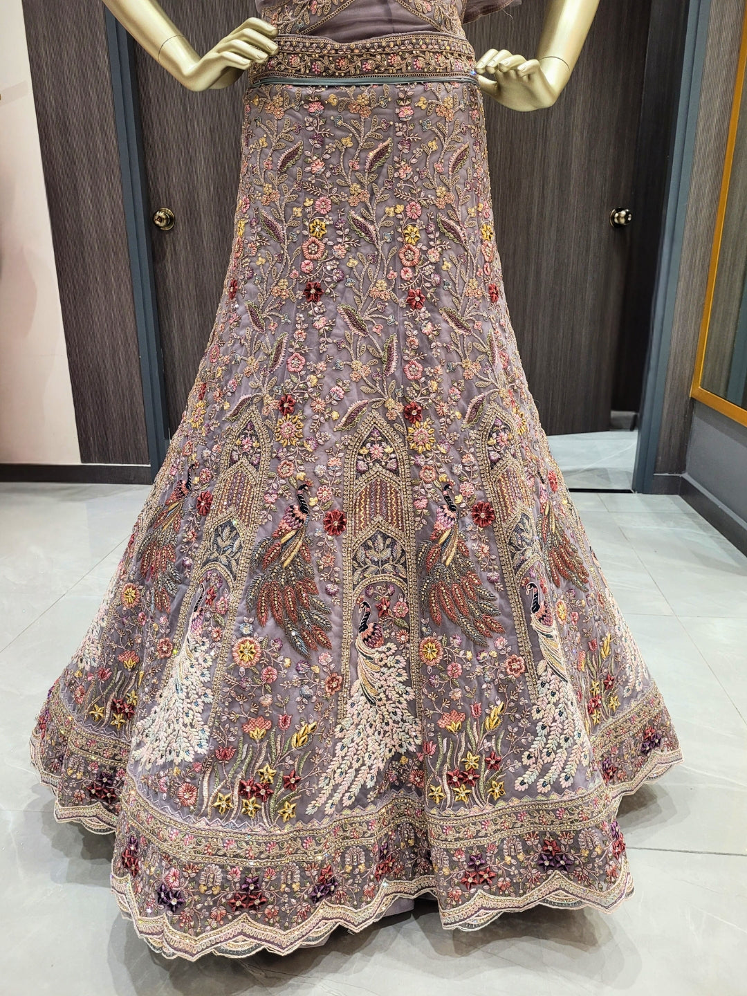 Lavender Embroidered Lehenga with Peacock Motifs & Beaded Floral Work