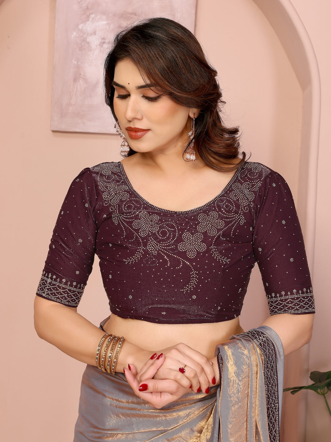 Shimmer Saree with Wine Embellished Blouse & Geometric Stone Work Border