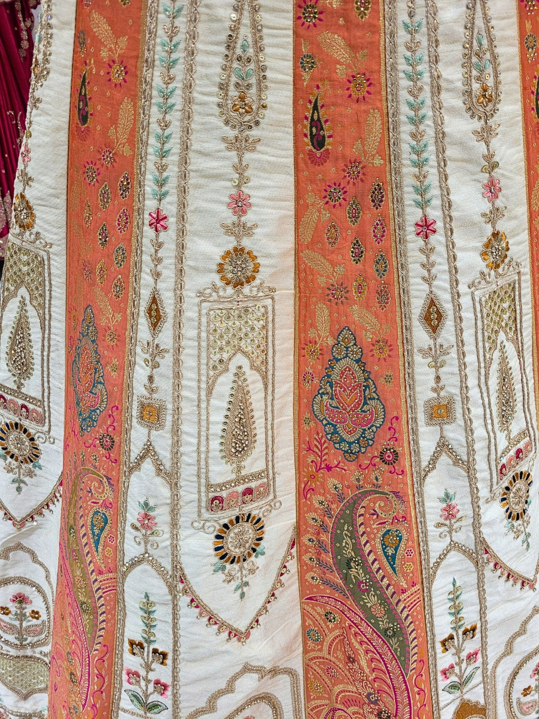 Ivory Orange Silk Lehenga with Pink Dupatta & Zari Embroidery Detailing