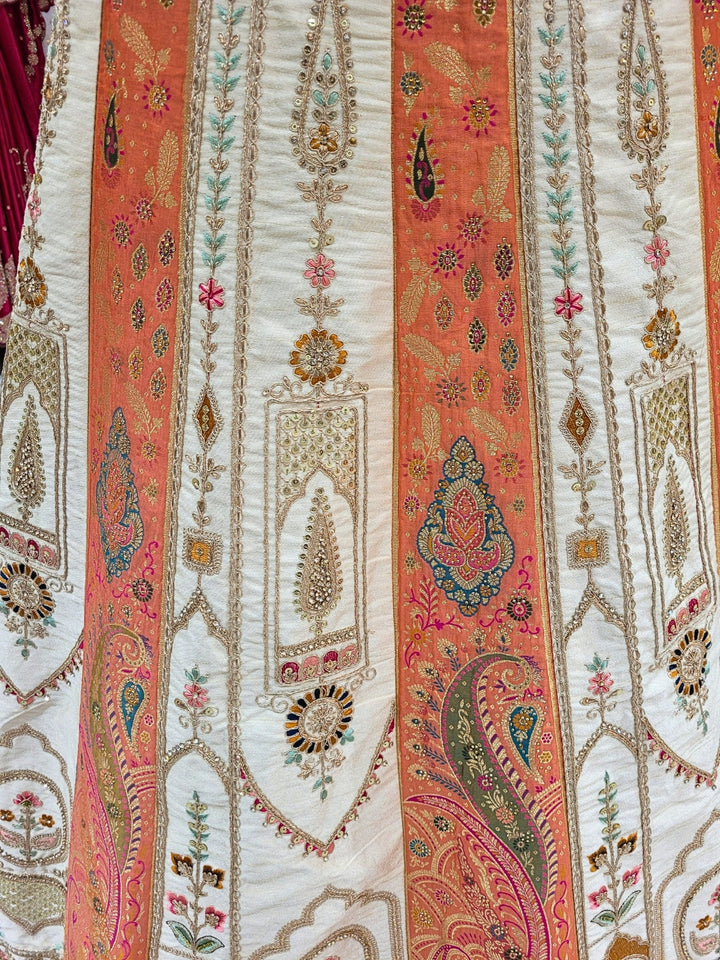 Ivory Orange Silk Lehenga with Pink Dupatta & Zari Embroidery Detailing