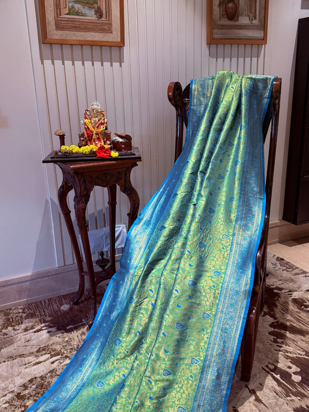 Banarasi Art Silk Saree with Gold Zari Floral Jaals & Wide Brocade Border