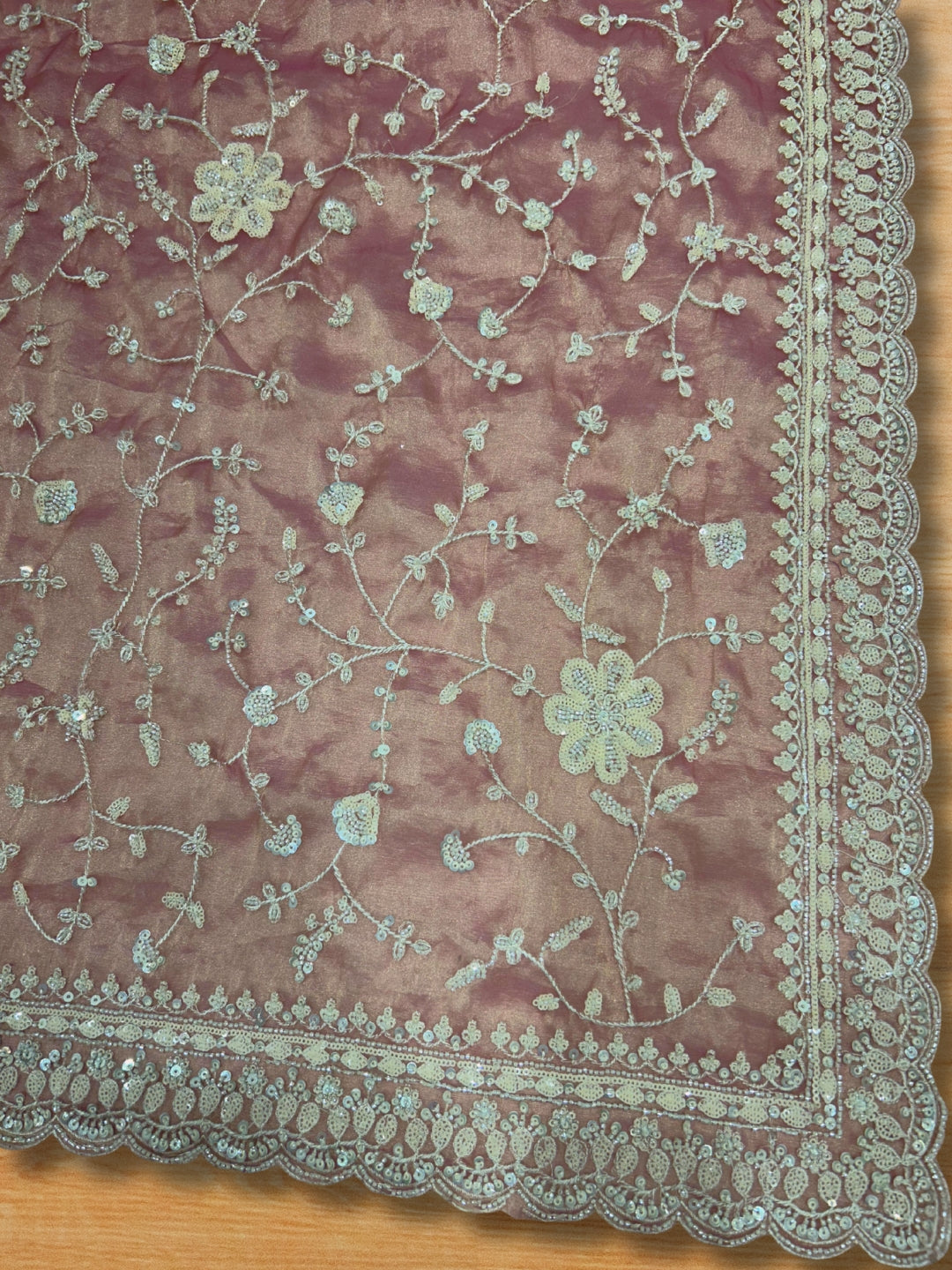 Blush Pink Net Saree with Ivory Sequin Floral Embroidery & Ornate Scallop Border