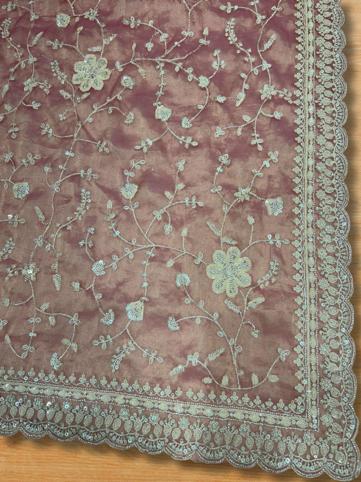 Blush Pink Net Saree with Ivory Sequin Floral Embroidery & Ornate Scallop Border