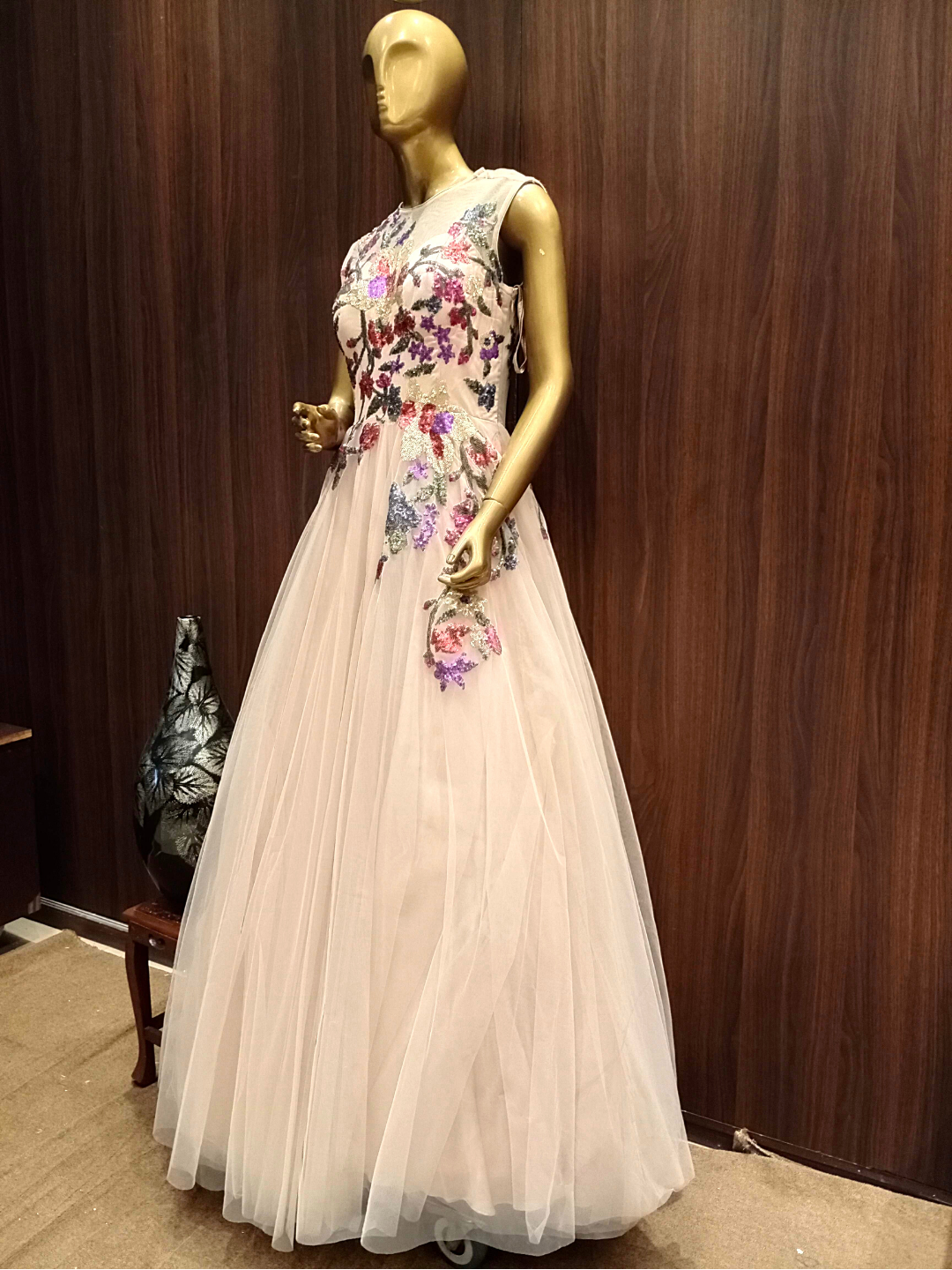Nude Pink Flared Net Gown With Floral Multicolor Sequin Embroidery