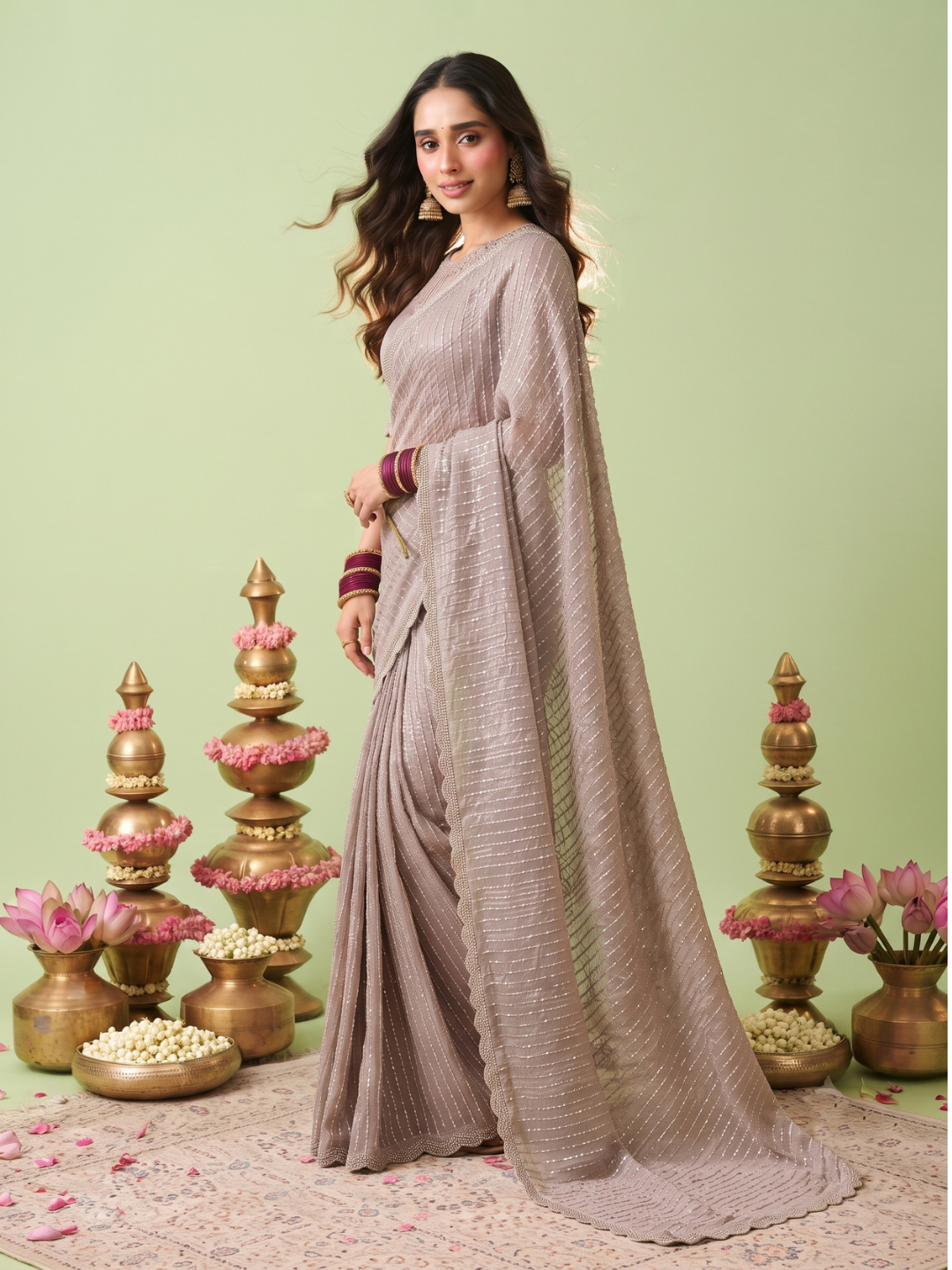 Crushed Tissue Saree with Silver Sequin Line Work & Scalloped Lace Border