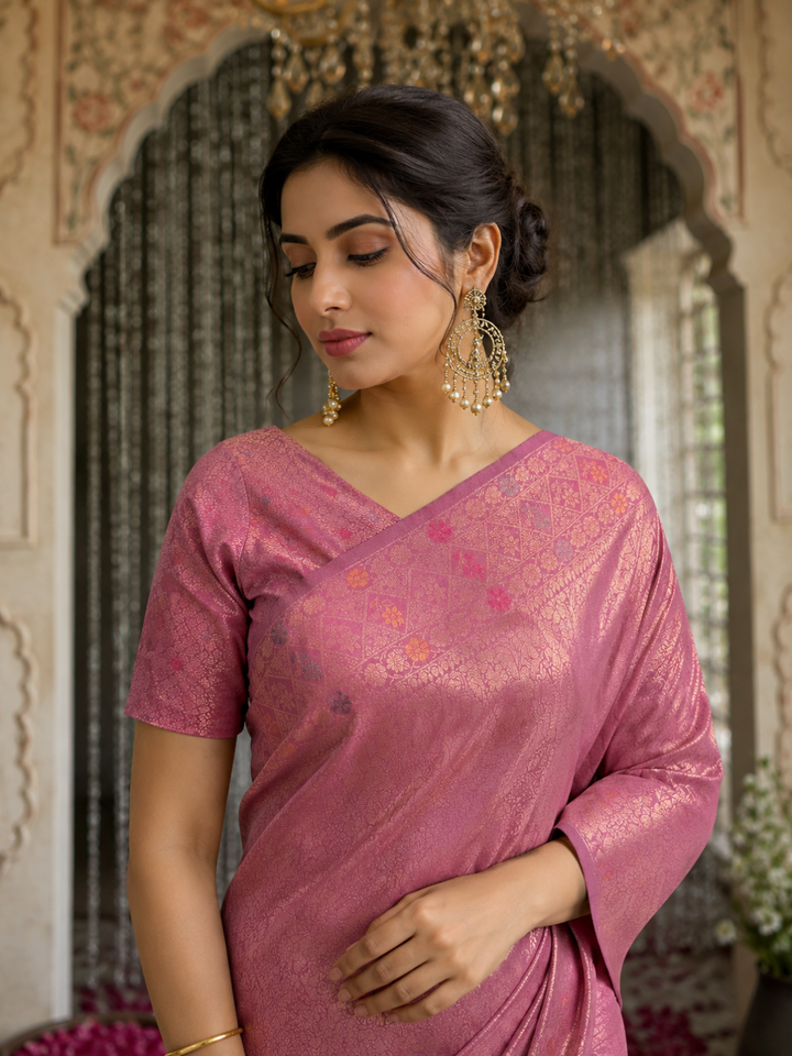 Dusty Pink Banarasi Silk Saree with Zari Woven Floral Jaal & Meenakari Geometric Border with Floral Medallion Pallu