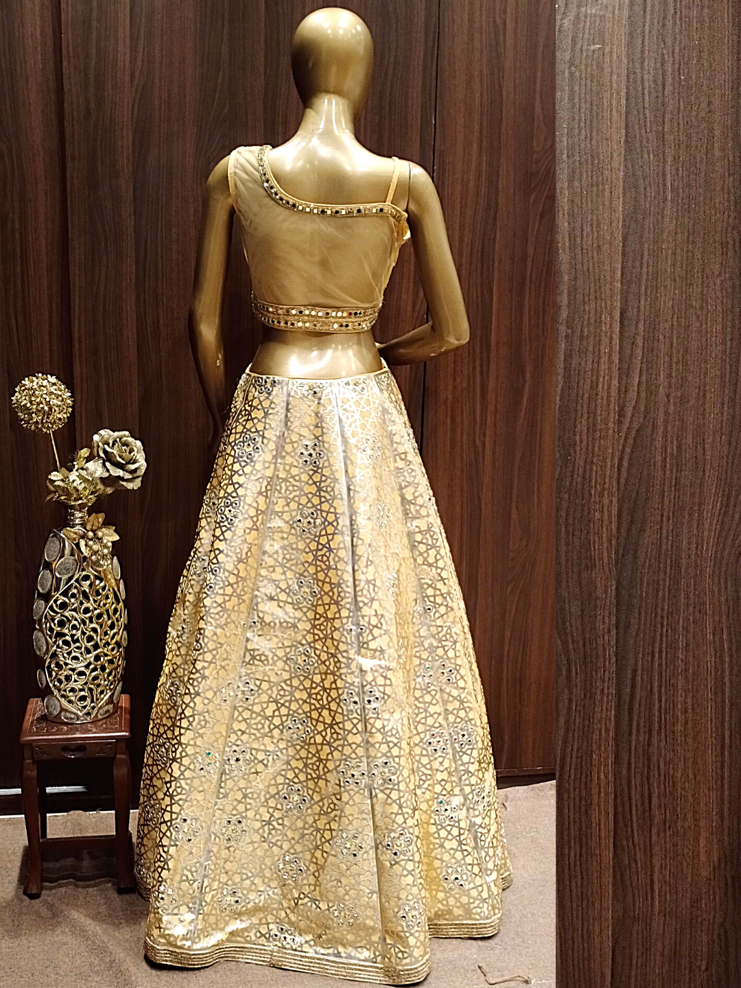 Yellow Benarasi Geometrical Pattern Lehenga Set With Mirror Work