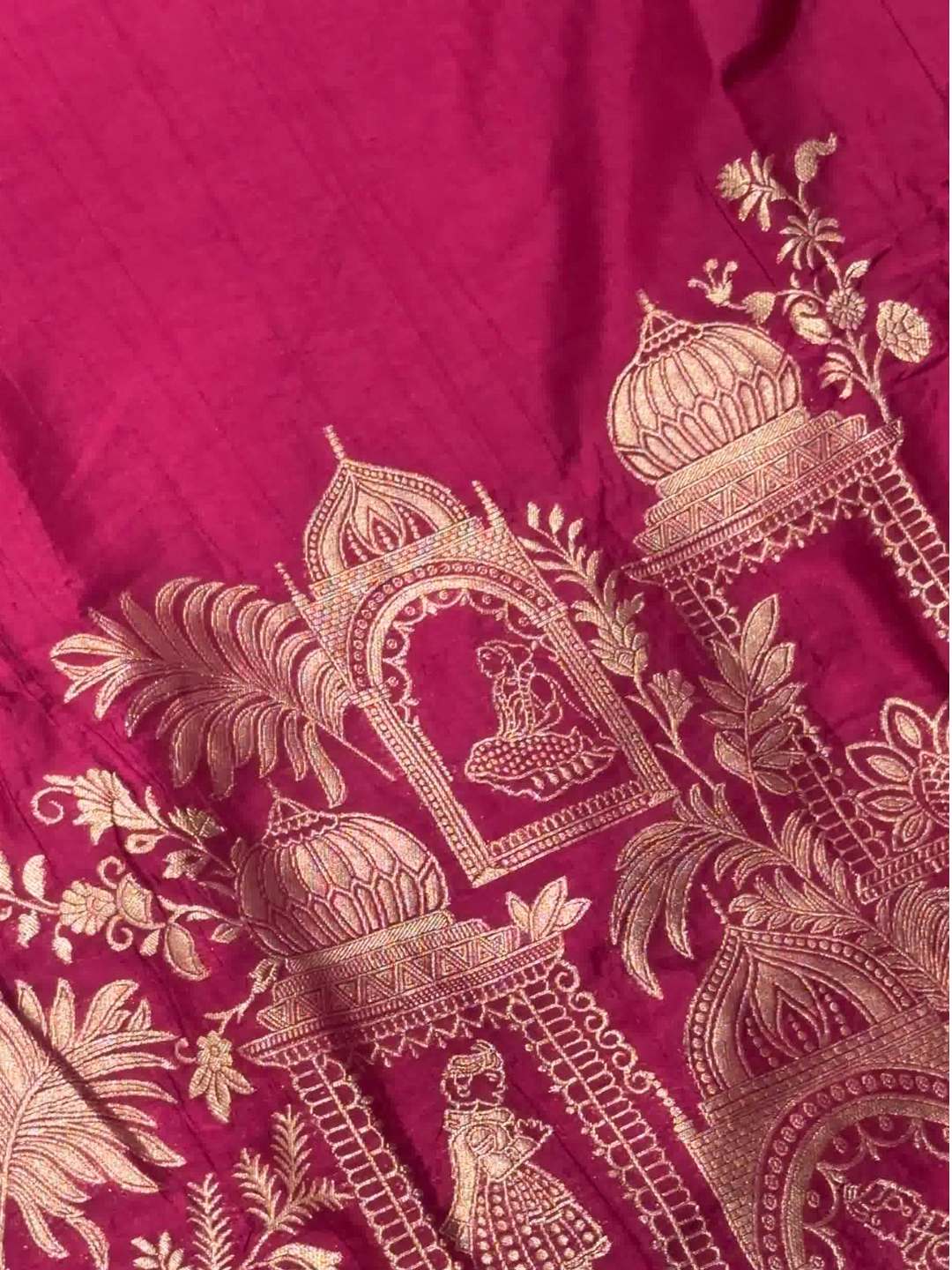 Magenta Zari Woven Palace Motif Dress Material with Dupatta