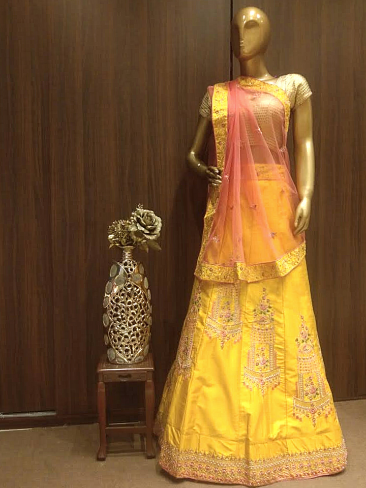 Yellow Semi-Stitched Silk Lehenga Set with Contrast Dupatta & Resham Embroidery