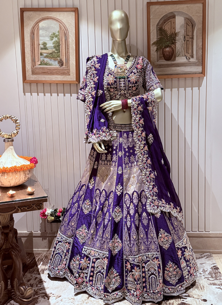 Banarasi Silk Lehenga with Zari Weaving, Resham Floral Embroidery & Cutdana Work