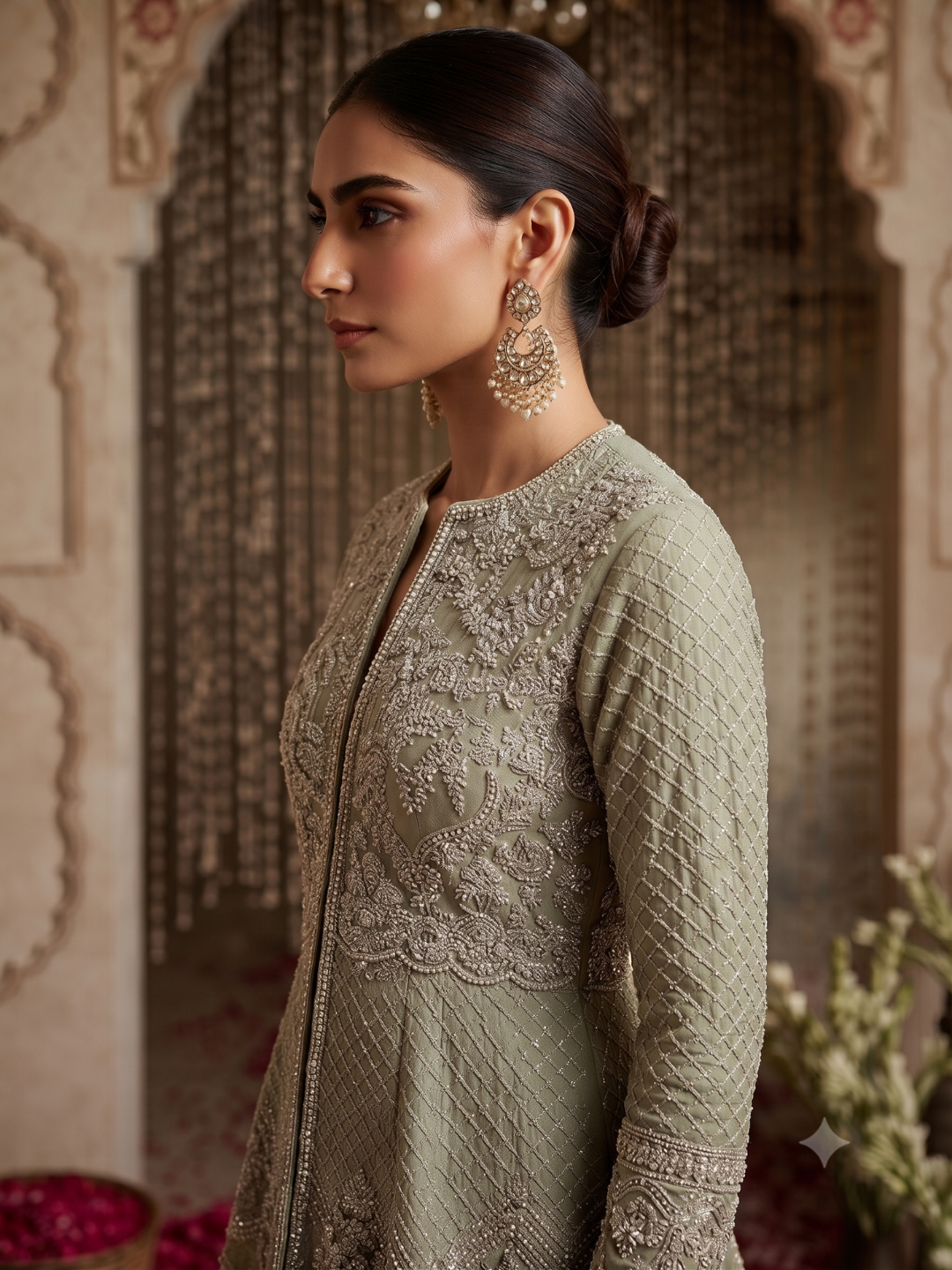 Pearl & Sequin Embroidered Jacket Blouse with Palazzo Set in green