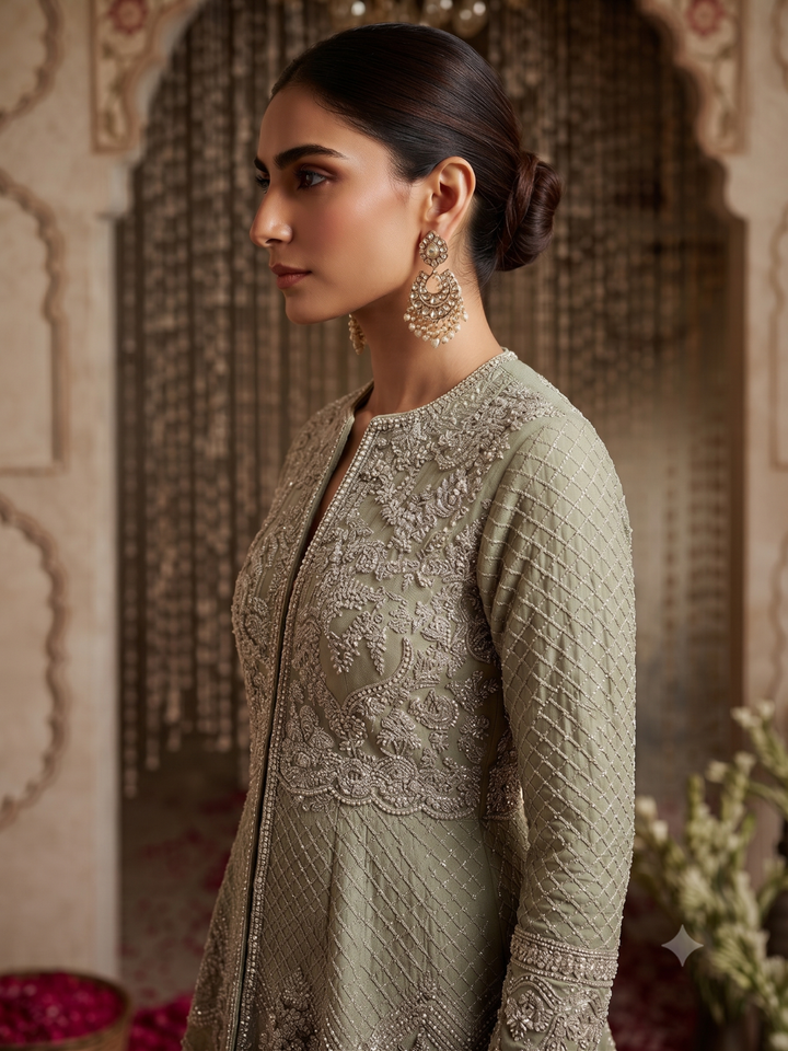 Pearl & Sequin Embroidered Jacket Blouse with Palazzo Set in green