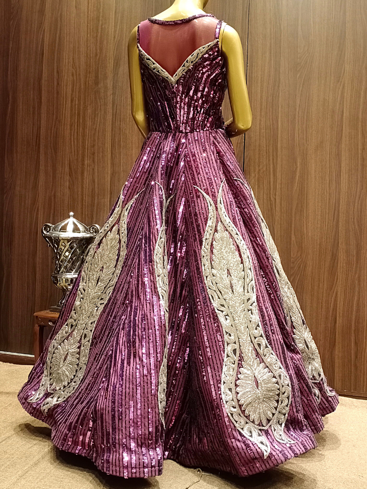Deep Wine Sequence Hand Embellished Gown with Gold Zari Ethnic Motifs