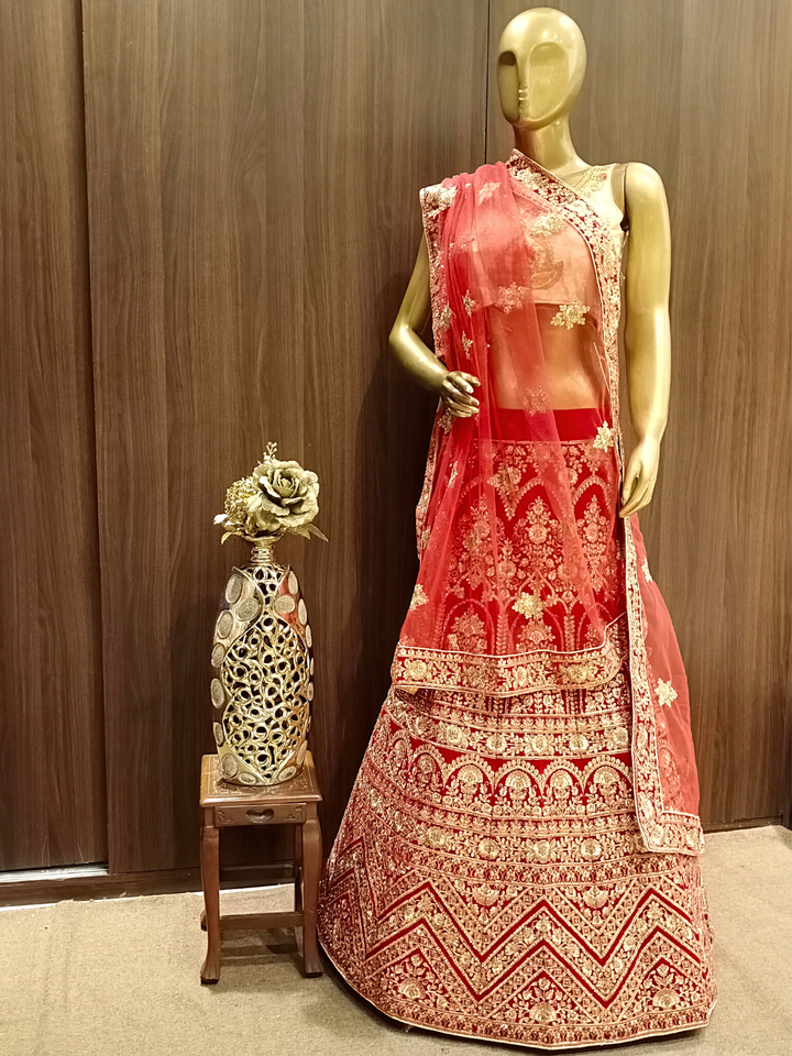 Heavy Stylised Semi-stitched Bridal Lehenga with Gold Zari Embroidery