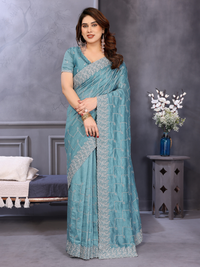 Teal Sequin Embroidered Chevron Saree with Scalloped Border