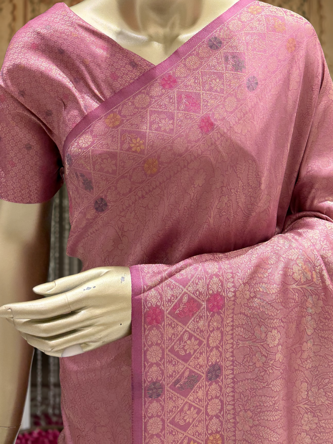 Dusty Pink Banarasi Silk Saree with Zari Woven Floral Jaal & Meenakari Geometric Border with Floral Medallion Pallu