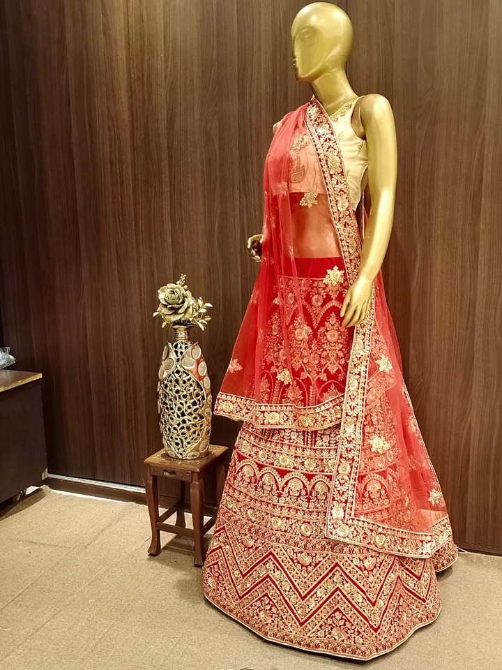 Heavy Stylised Semi-stitched Bridal Lehenga with Gold Zari Embroidery