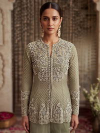 Pearl & Sequin Embroidered Jacket Blouse with Palazzo Set in green